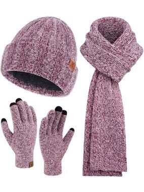 Winter Beanie Scarf Gloves Set Fleece Lined Knit Warm Touchscreen Unisex